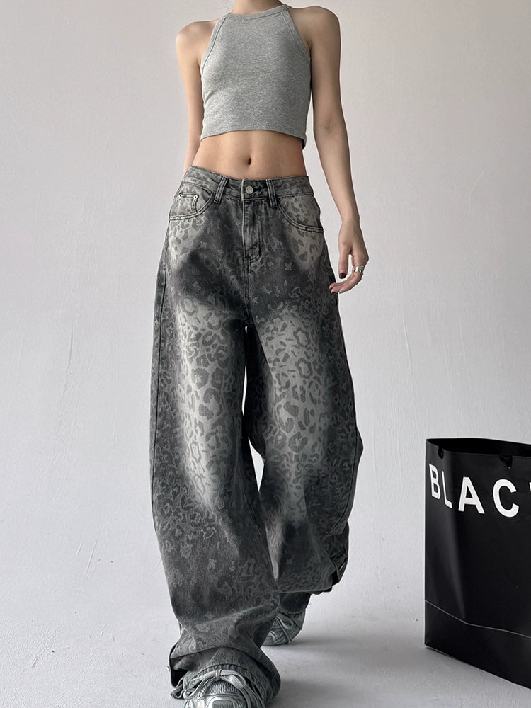 Calça jeans com estampa de leopardo Cinza